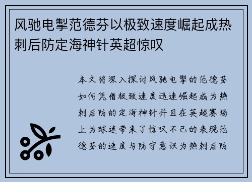 风驰电掣范德芬以极致速度崛起成热刺后防定海神针英超惊叹
