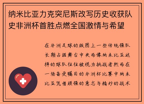 纳米比亚力克突尼斯改写历史收获队史非洲杯首胜点燃全国激情与希望